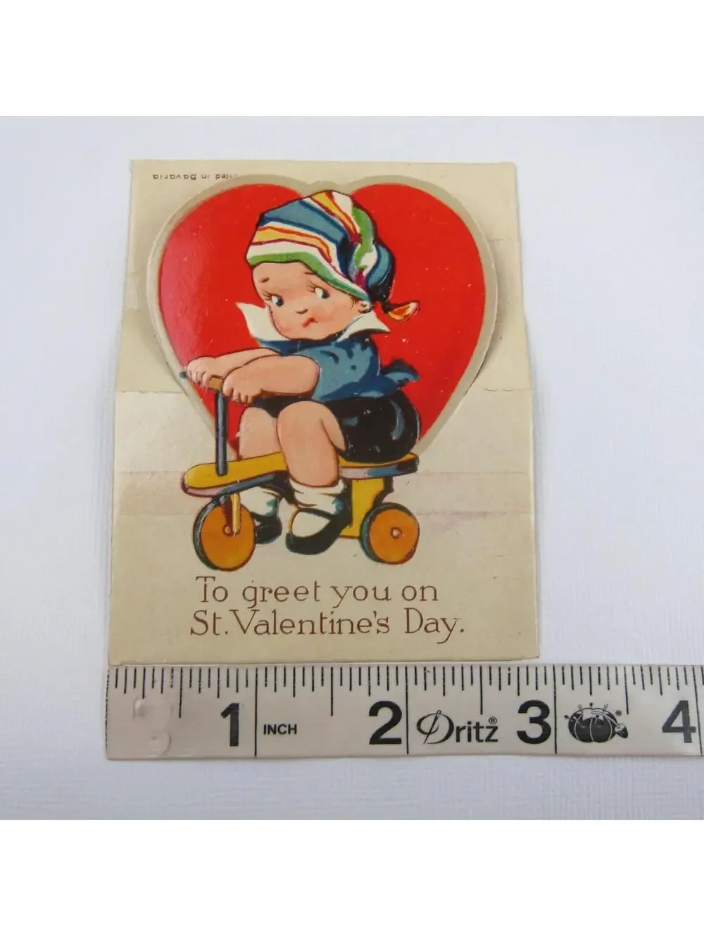 Vintage Valentine Card Cutout Stand Up Boy Cap Riding Tricycle Bavaria UNSIGNED